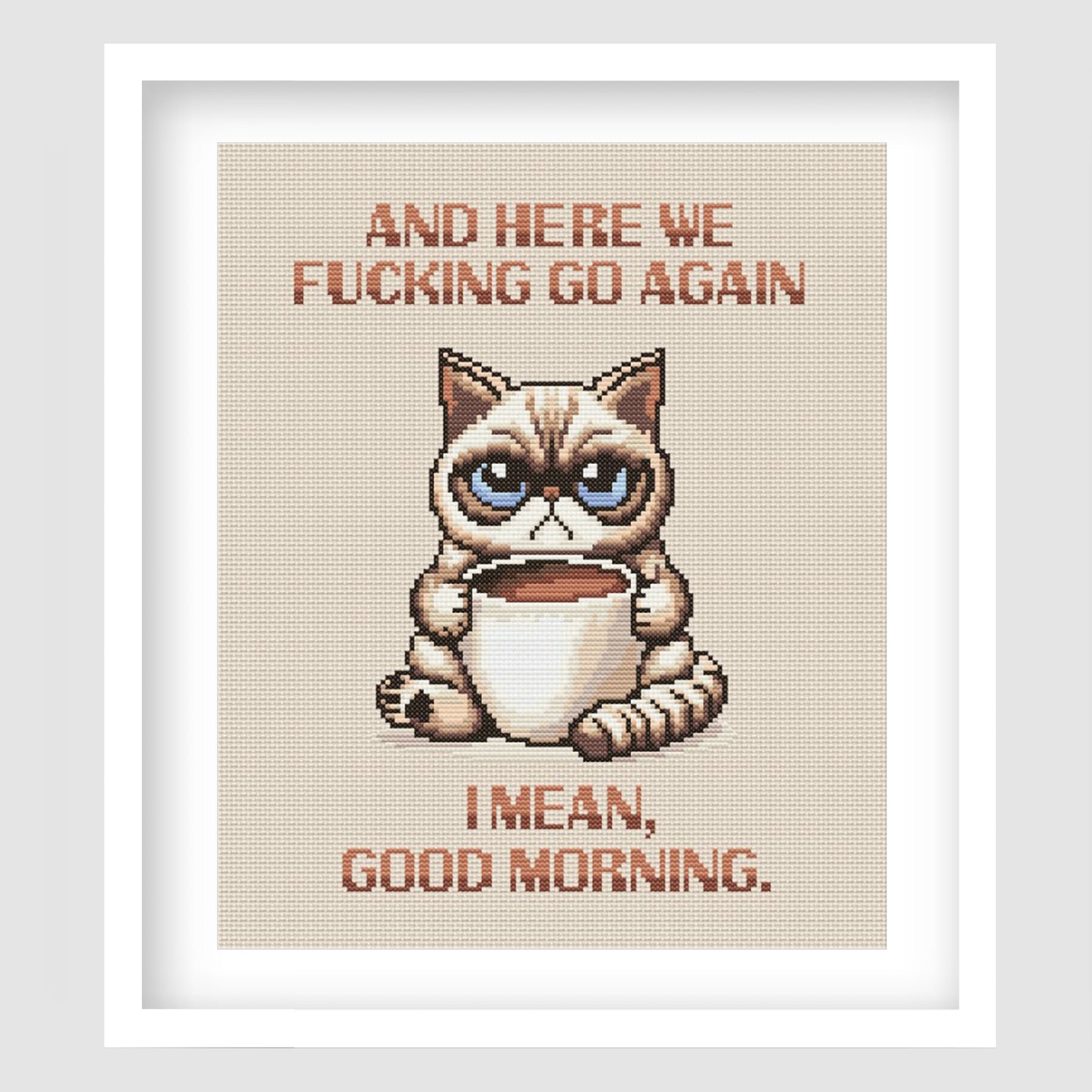 Grumpy Cat Morning Coffee Cross Stitch Pattern featuring a grumpy cat with a coffee cup and funny subversive morning quote.