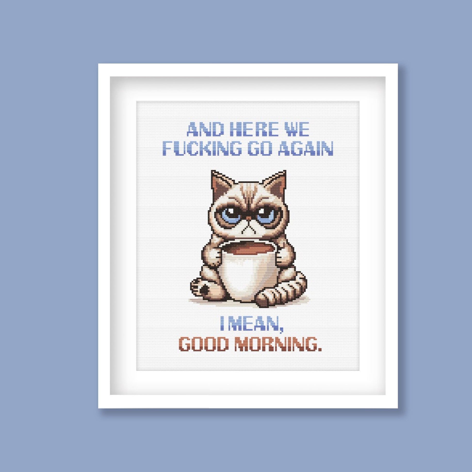 Grumpy Cat Morning Coffee Cross Stitch Pattern displayed in a black frame with a funny morning coffee quote and grumpy cat design.