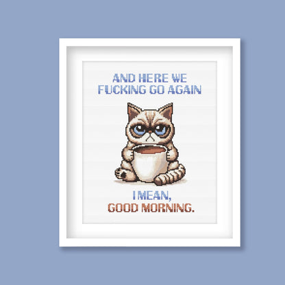 Grumpy Cat Morning Coffee Cross Stitch Pattern displayed in a black frame with a funny morning coffee quote and grumpy cat design.