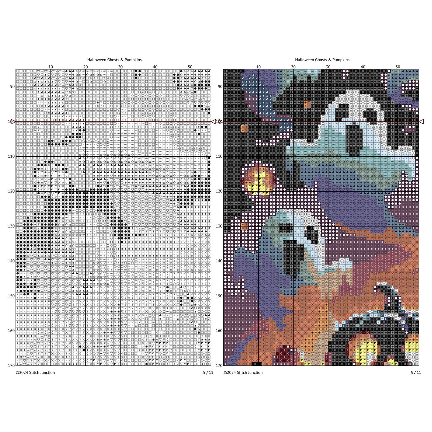 Halloween Ghosts and Pumpkins Cross Stitch Pattern digital download chart preview with colour symbols and black-and-white symbol chart for printable counted cross stitch.