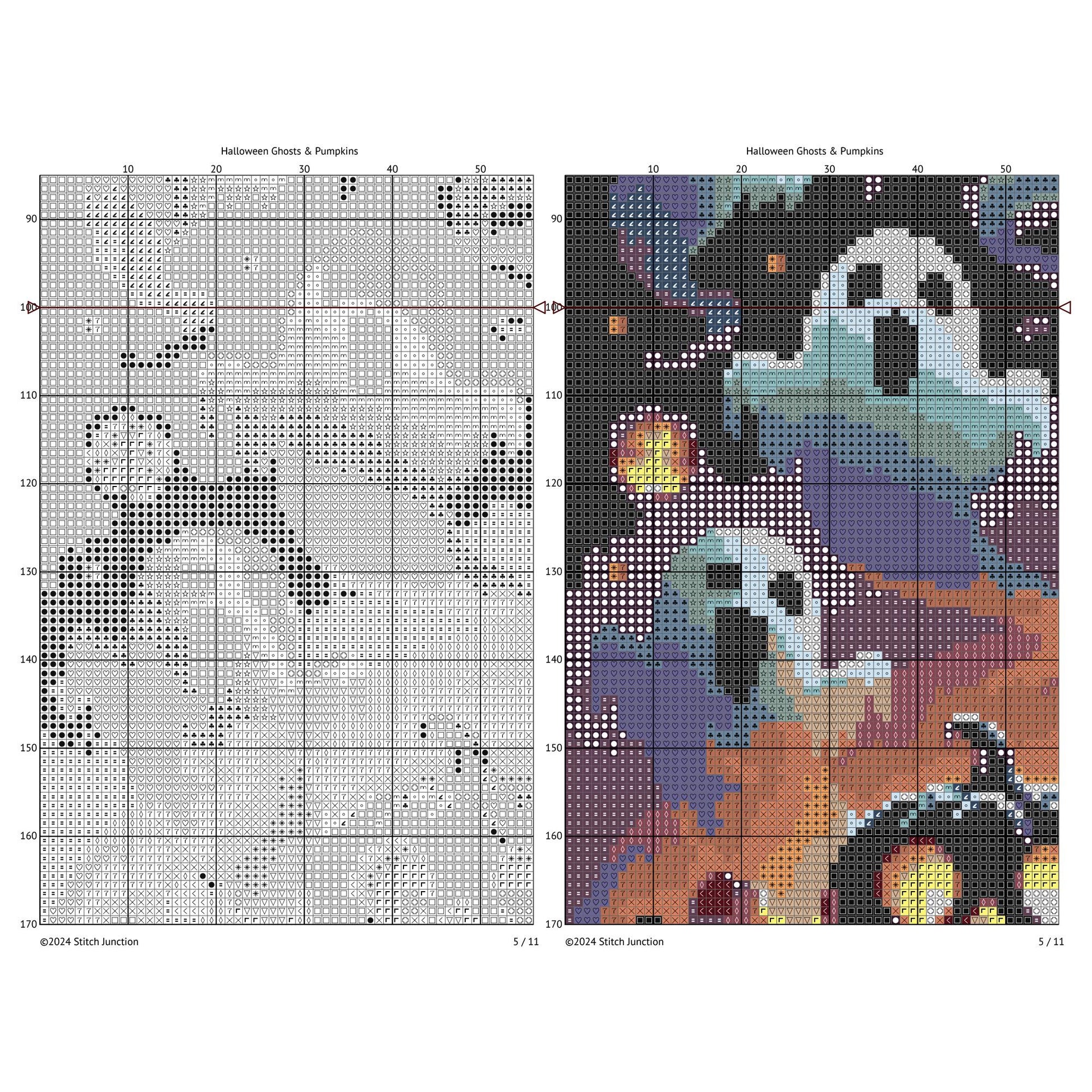 Halloween Ghosts and Pumpkins Cross Stitch Pattern digital download chart preview with colour symbols and black-and-white symbol chart for printable counted cross stitch.