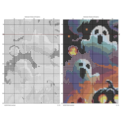 Halloween Ghosts and Pumpkins Cross Stitch Pattern digital download chart preview with colour symbols and black-and-white symbol chart for printable counted cross stitch.