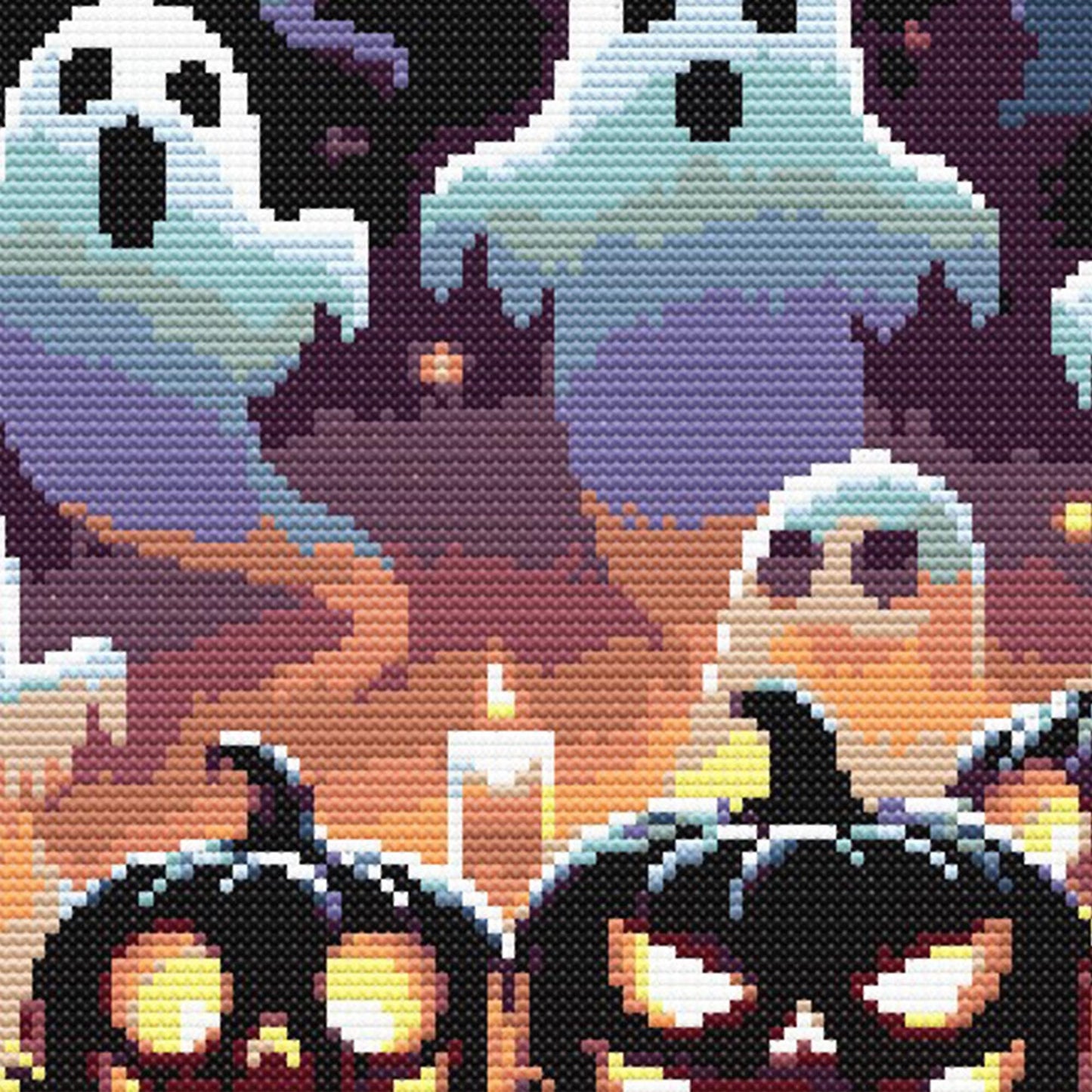 Close-up of Halloween Ghosts and Pumpkins Cross Stitch Pattern showing ghost characters, glowing pumpkins, purple sky, and visible counted cross stitch texture.