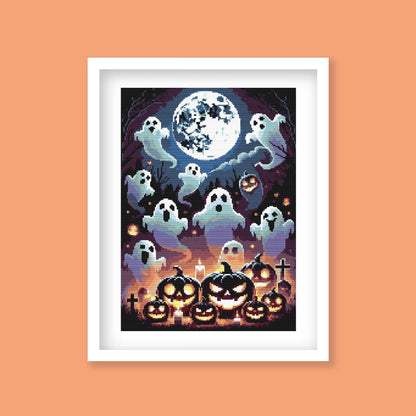 Halloween Ghosts and Pumpkins Cross Stitch Pattern displayed in an orange frame with moonlit ghosts, pumpkins, and seasonal Halloween detail.
