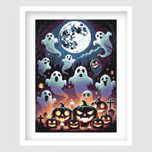 Halloween Ghosts and Pumpkins Cross Stitch Pattern displayed as framed wall art with floating ghosts, jack-o-lanterns, moonlit sky, and spooky seasonal detail.