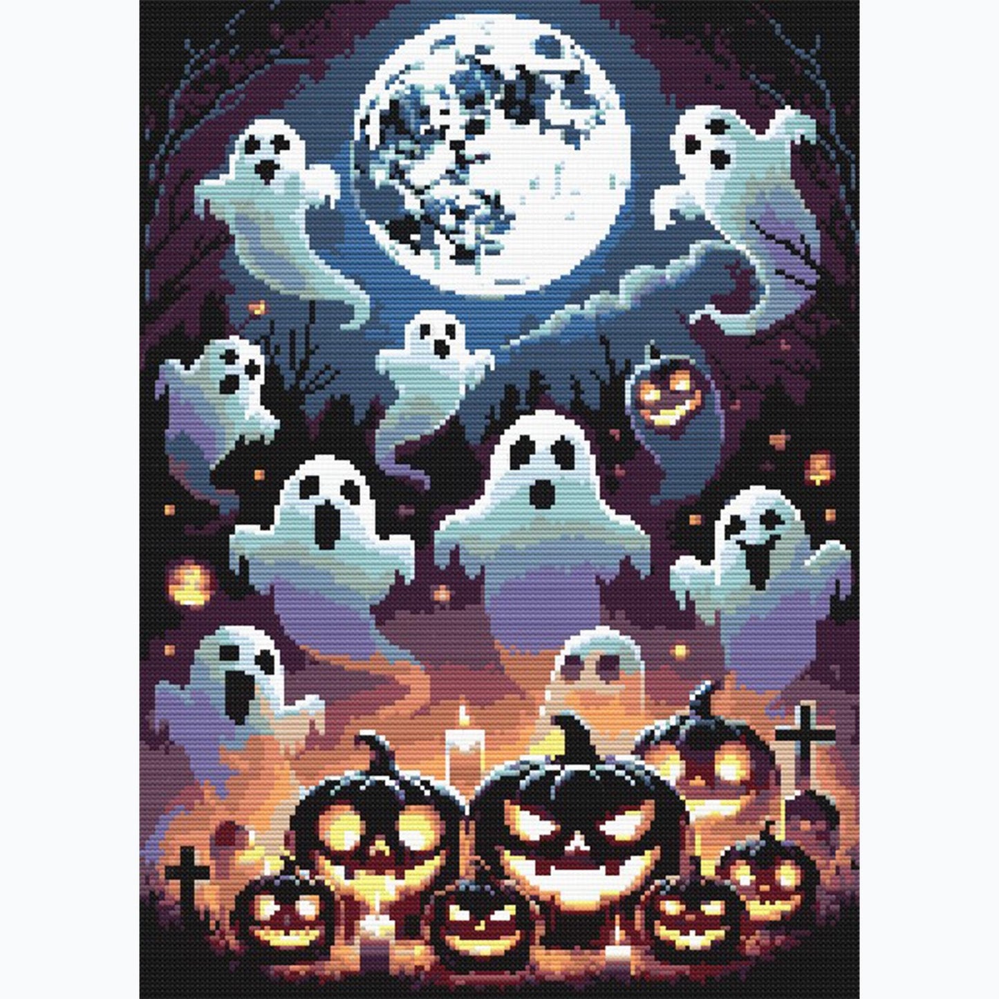 Halloween Ghosts and Pumpkins Cross Stitch Pattern featuring playful ghosts, jack-o-lantern pumpkins, a full moon, bats, and spooky night sky detail.