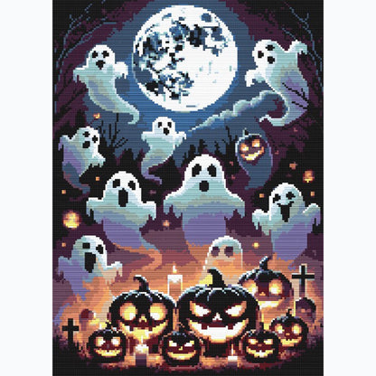 Halloween Ghosts and Pumpkins Cross Stitch Pattern featuring playful ghosts, jack-o-lantern pumpkins, a full moon, bats, and spooky night sky detail.