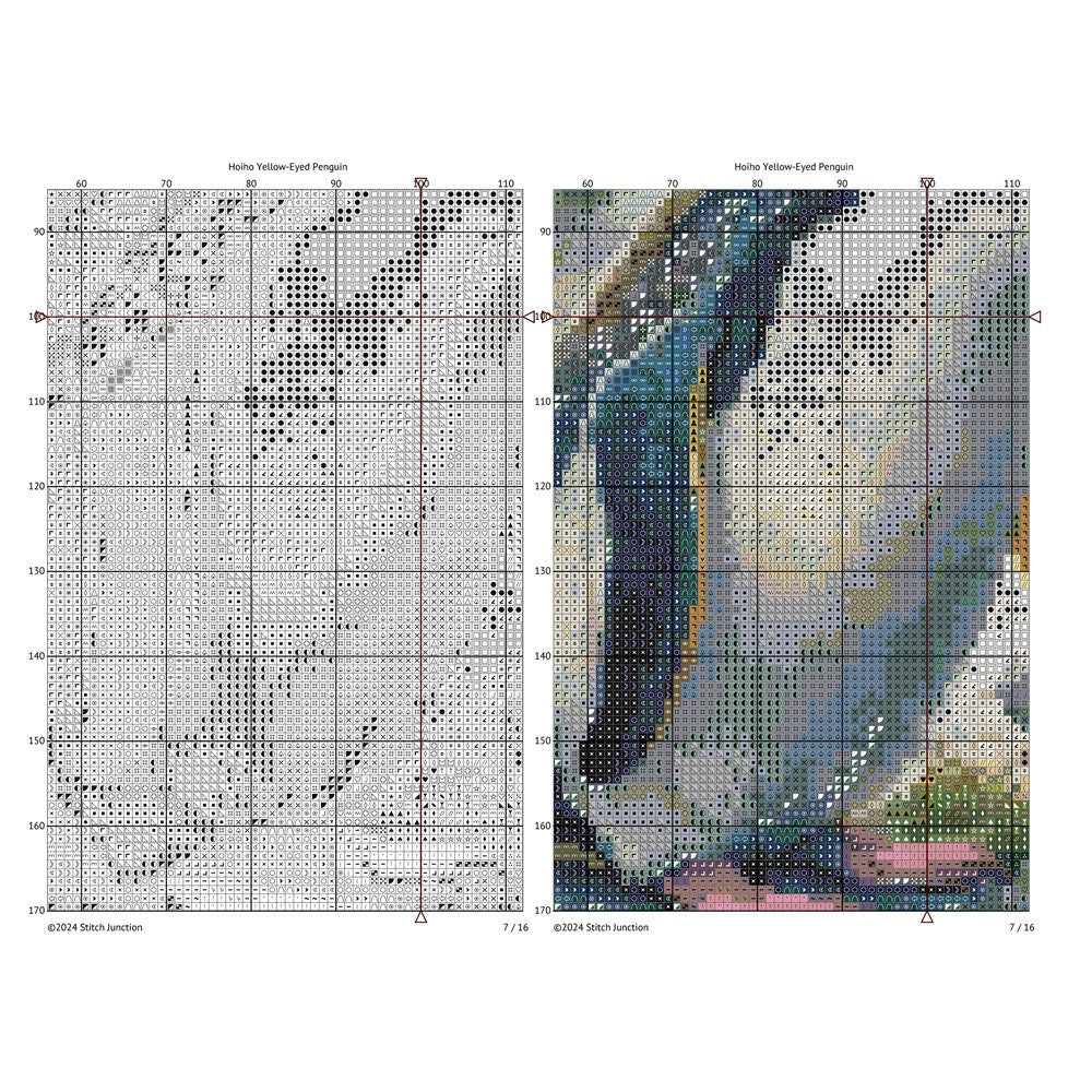 Cross-stitch pattern chart for a penguin with a color swatch on a white background.