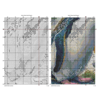 Cross-stitch pattern chart for a penguin with a color swatch on a white background.
