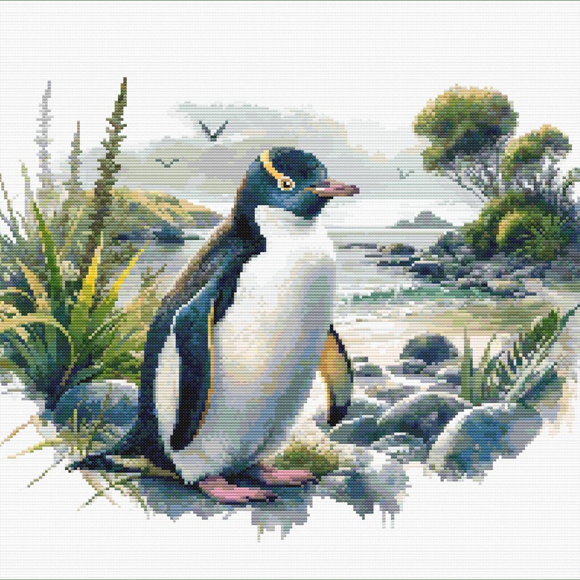 Hoiho Yellow-Eyed Penguin Cross Stitch Pattern - Native Bird of New Zealand - digital cross stitch pattern by Stitch Junction