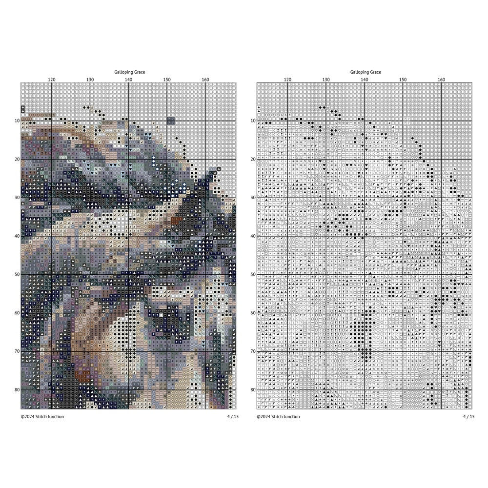 Horse Cross Stitch Pattern digital download chart preview with colour symbols and black-and-white symbol chart for printable counted cross stitch.