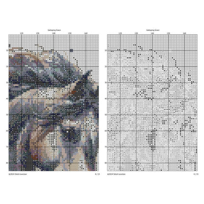 Horse Cross Stitch Pattern digital download chart preview with colour symbols and black-and-white symbol chart for printable counted cross stitch.