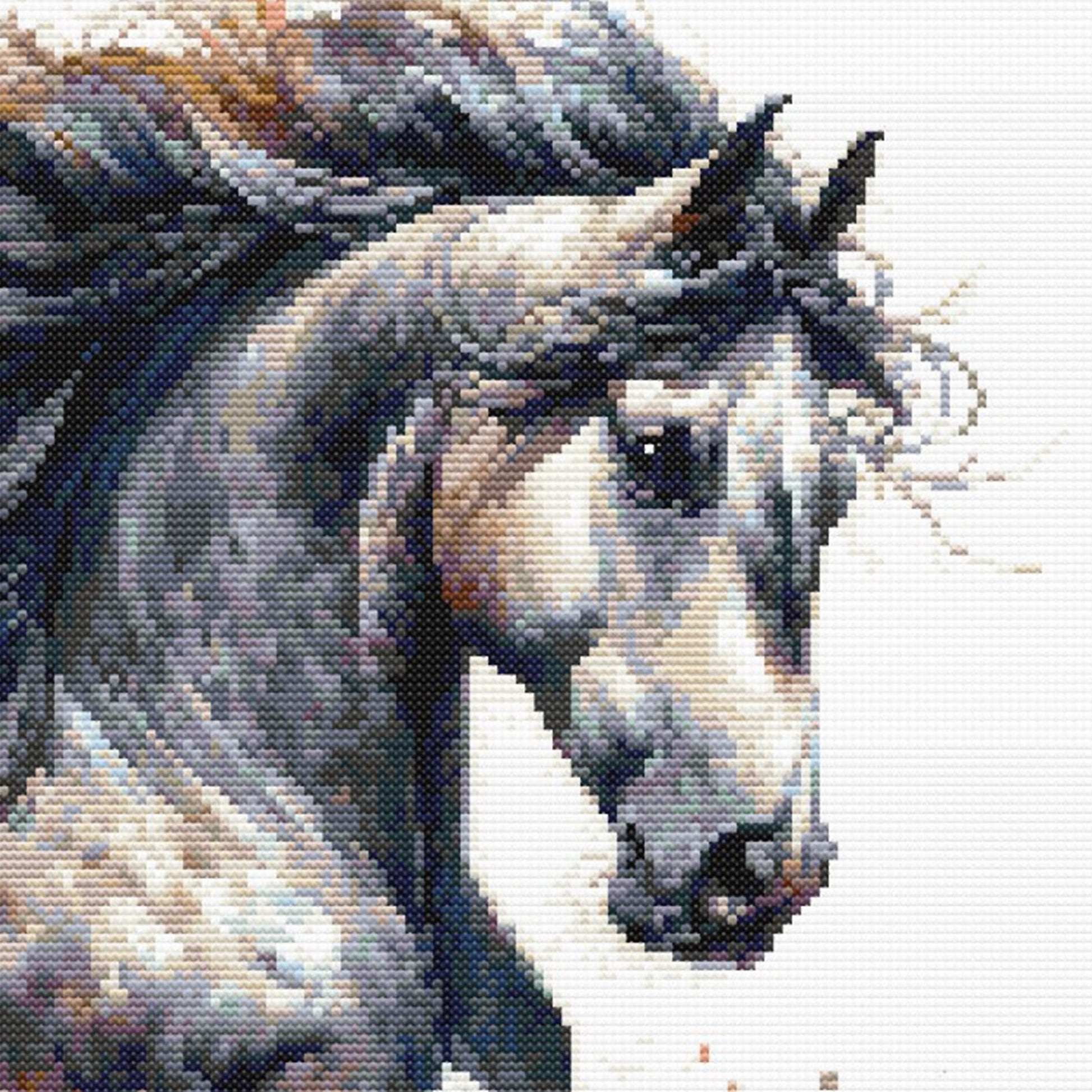 Close-up of Horse Cross Stitch Pattern showing the horse head, flowing mane, soft shading, and visible counted cross stitch texture.