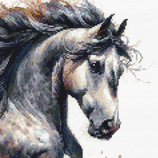 Close-up of Horse Cross Stitch Pattern showing the horse head, flowing mane, soft shading, and visible counted cross stitch texture.