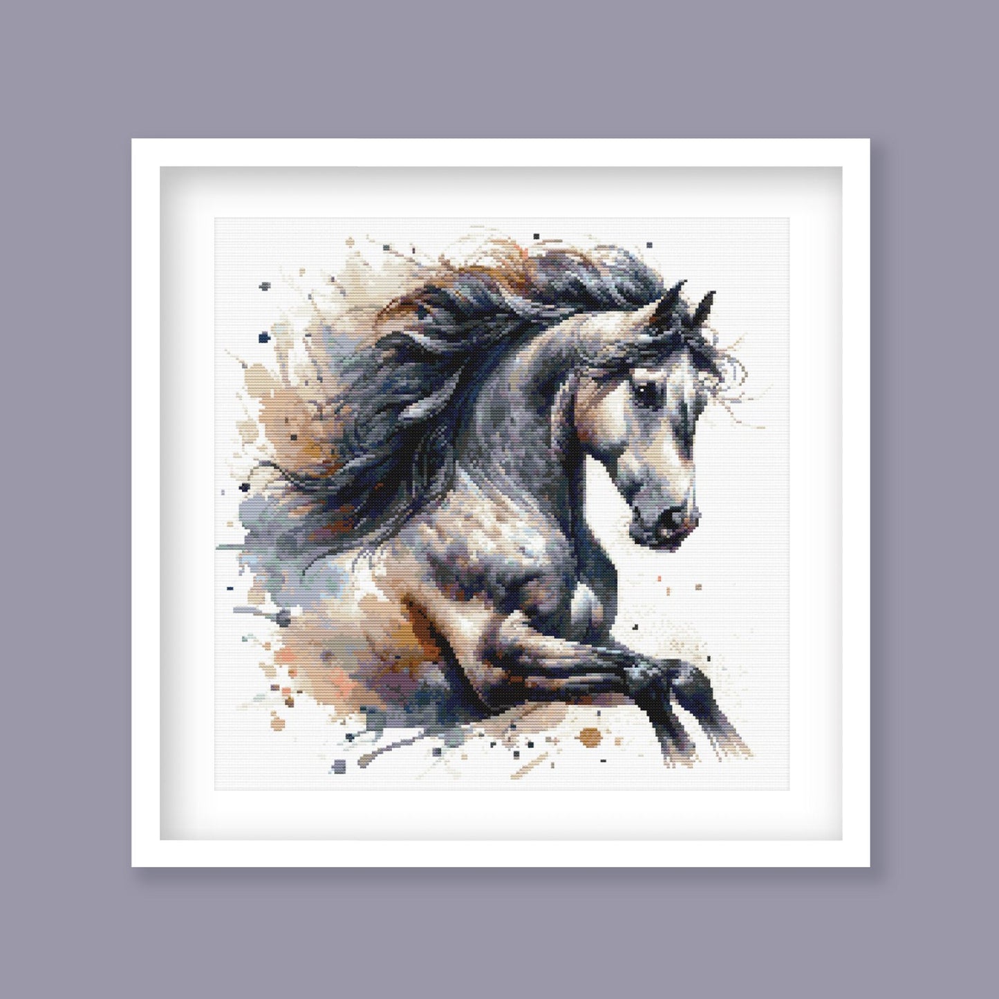 Horse Cross Stitch Pattern displayed as framed wall art with an elegant horse portrait, soft watercolour-style detail, and natural equine movement.