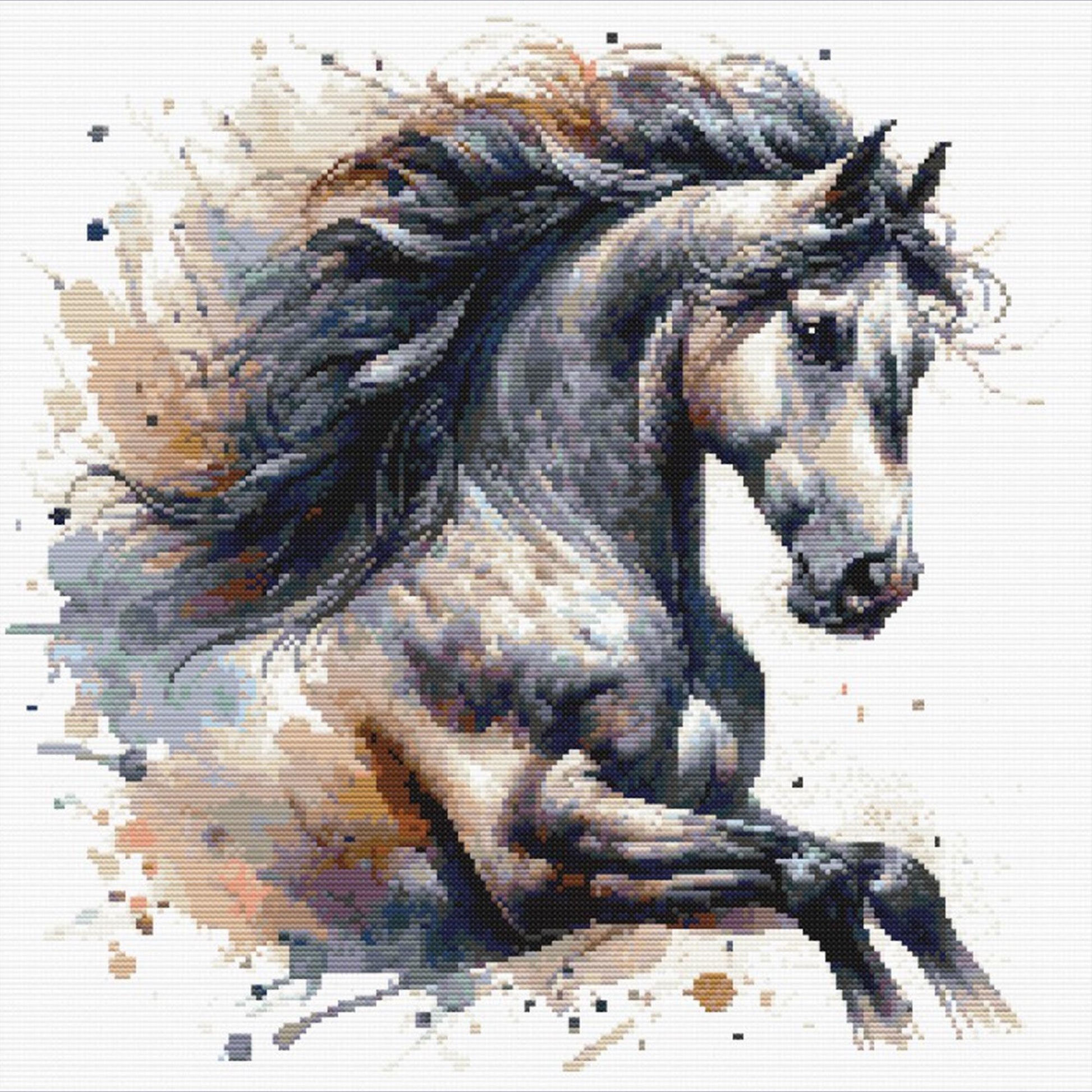Horse Cross Stitch Pattern featuring an elegant horse with flowing mane, soft watercolour-style colour, and natural equine detail.