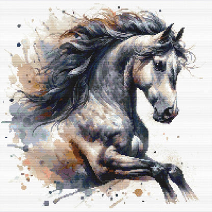 Horse Cross Stitch Pattern featuring an elegant horse with flowing mane, soft watercolour-style colour, and natural equine detail.