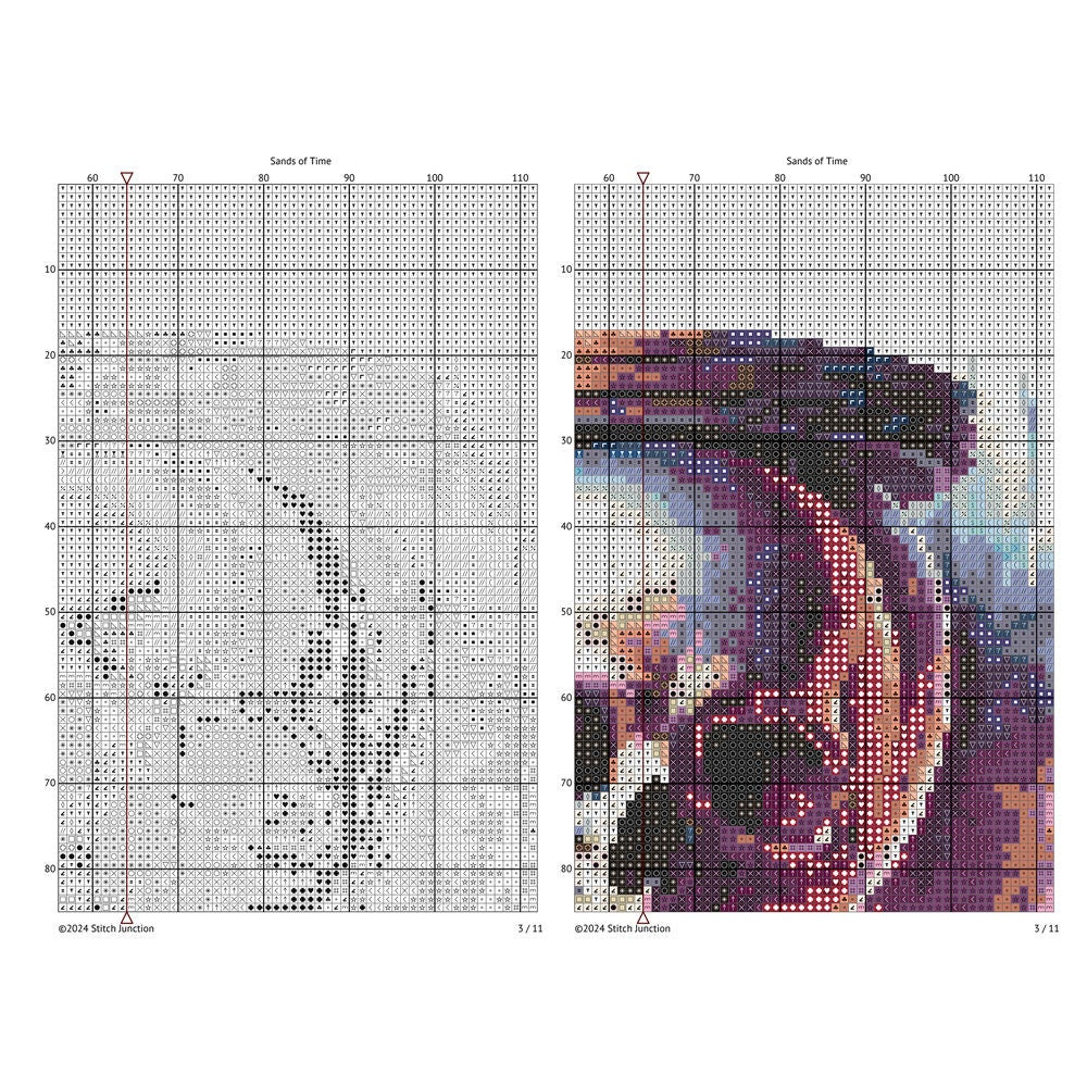 Hourglass Skull Cross Stitch Pattern chart preview with colour symbols and black-and-white symbol chart for a printable digital PDF pattern.