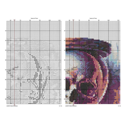 Hourglass Skull Cross Stitch Pattern chart preview with colour symbols and black-and-white symbol chart for a printable digital PDF pattern.