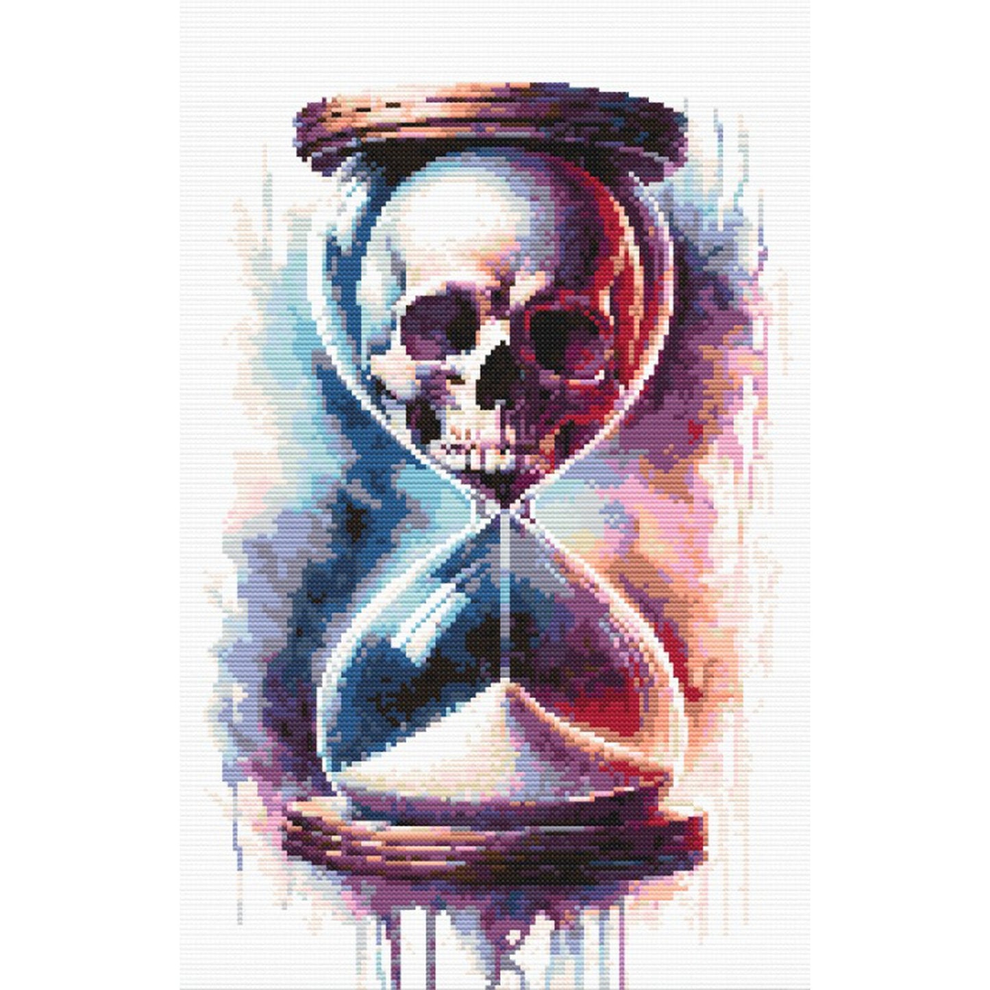 Hourglass Skull Cross Stitch Pattern featuring a skull inside an hourglass with gothic colours and dark symbolic wall art style.