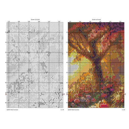 Sunrise Garden Stitch Pattern, Serene Landscape Cross Stitch Pattern - digital cross stitch pattern by Stitch Junction