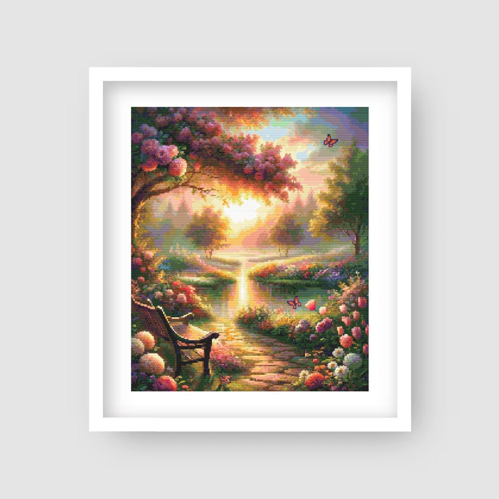 Summer Sunset Garden Cross Stitch Pattern - Bird PDF Pattern - Etsy image 1