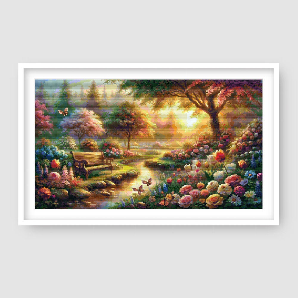 Sunrise Garden, Serene Landscape Cross Stitch Pattern - Etsy image 1