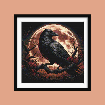 Raven Under a Blood Moon Cross Stitch Pattern digital PDF cross stitch pattern preview by Stitch Junction