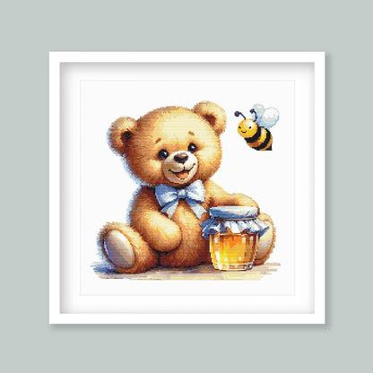 Teddy Bear Cross Stitch Pattern with Honey Jar and Bumblebee, Nursery Wall Art, digital PDF cross stitch pattern preview by Stitch Junction