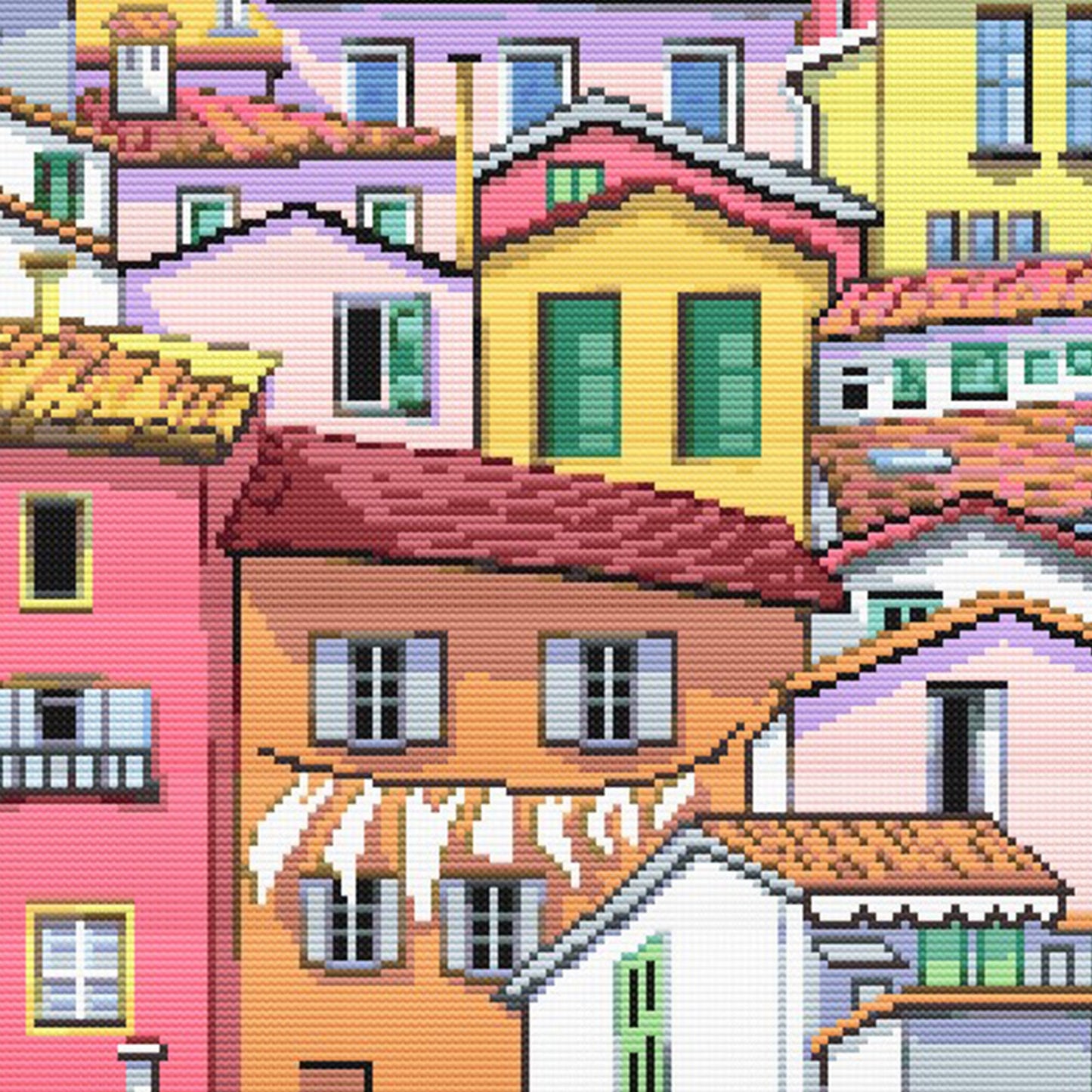 Vibrant Cityscape Cross Stitch Pattern - Modern Village Architecture Embroidery Design - digital cross stitch pattern by Stitch Junction