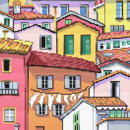 Vibrant Cityscape Cross Stitch Pattern - Modern Village Architecture Embroidery Design - digital cross stitch pattern by Stitch Junction