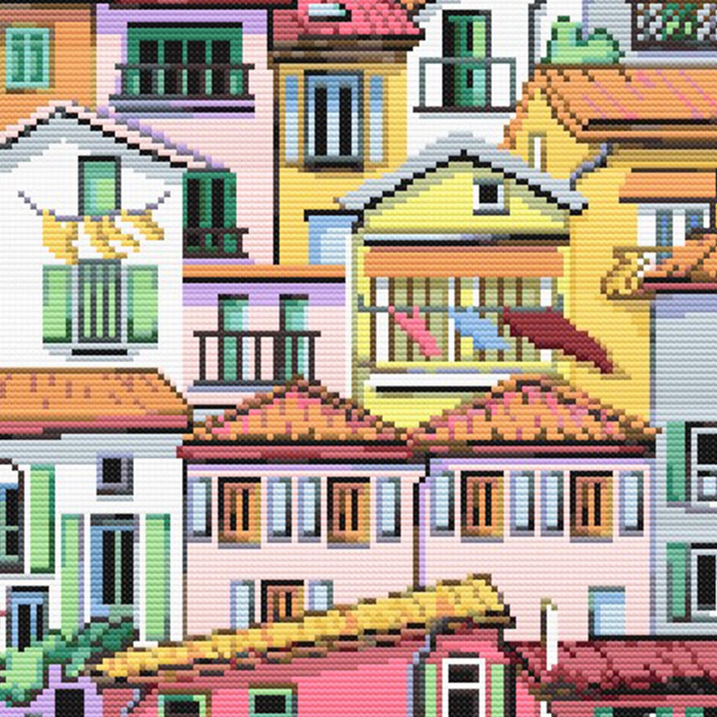 Vibrant Cityscape Cross Stitch Pattern - Modern Village Architecture Embroidery Design - digital cross stitch pattern by Stitch Junction