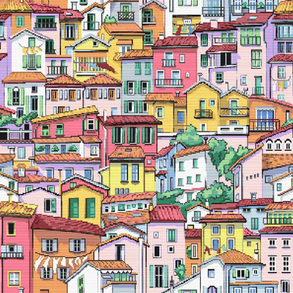 Vibrant Cityscape Cross Stitch Pattern - Modern Village Architecture Embroidery Design - digital cross stitch pattern by Stitch Junction