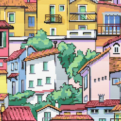 Vibrant Cityscape Cross Stitch Pattern - Modern Village Architecture Embroidery Design - digital cross stitch pattern by Stitch Junction