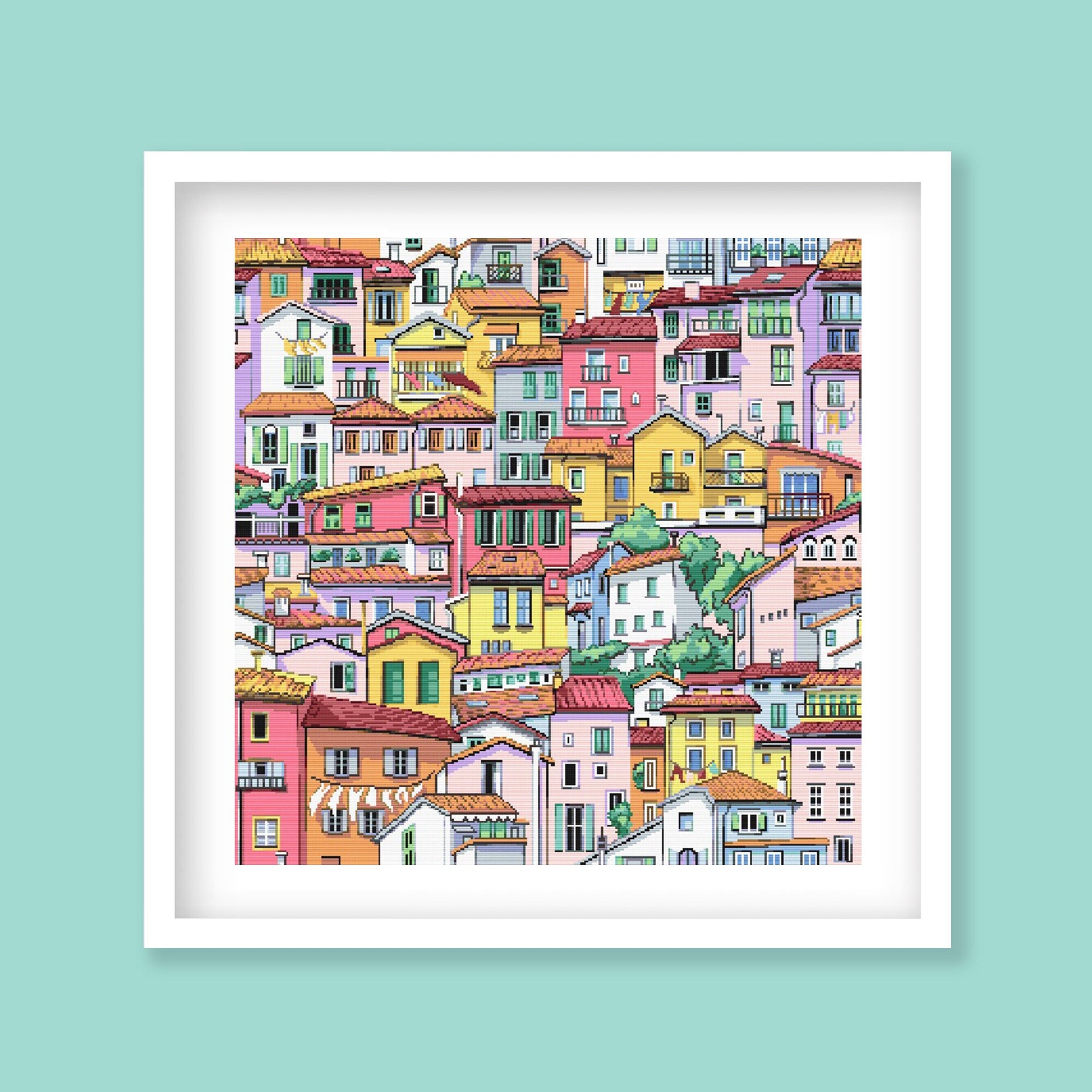 Vibrant Cityscape Cross Stitch Pattern - Modern Village Architecture Embroidery Design - digital cross stitch pattern by Stitch Junction