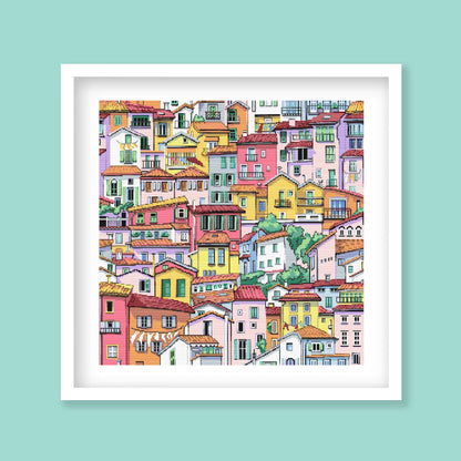 Vibrant Cityscape Cross Stitch Pattern - Modern Village Architecture Embroidery Design - digital cross stitch pattern by Stitch Junction