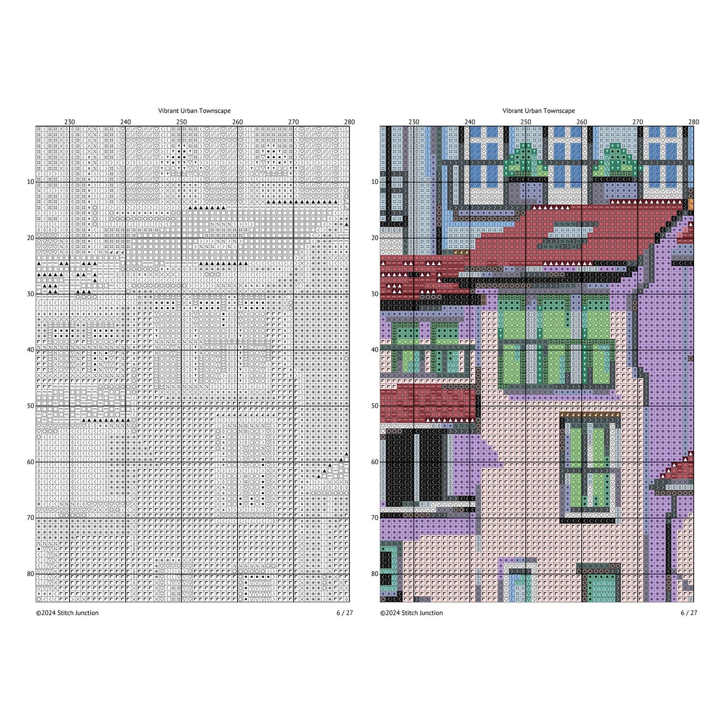 Vibrant Cityscape Cross Stitch Pattern - Modern Village Architecture Embroidery Design - digital cross stitch pattern by Stitch Junction
