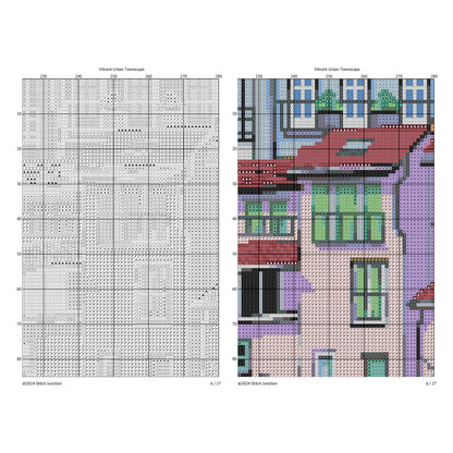 Vibrant Cityscape Cross Stitch Pattern - Modern Village Architecture Embroidery Design - digital cross stitch pattern by Stitch Junction