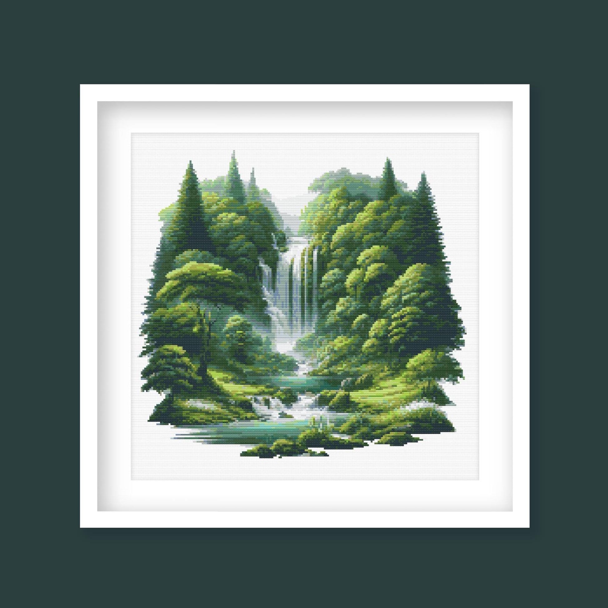 Forest Waterfall Cross Stitch Pattern digital PDF cross stitch pattern preview by Stitch Junction