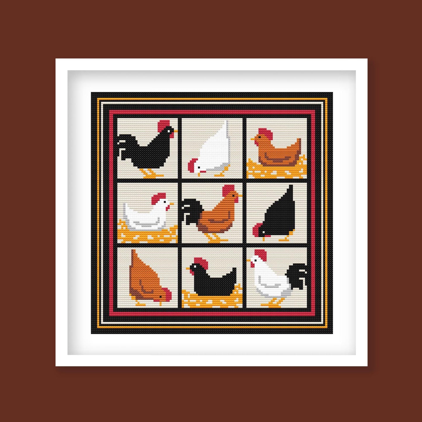 Farmhouse Chicken Cross Stitch Pattern - Charming Hen & Rooster Quilt Block Design - digital cross stitch pattern by Stitch Junction