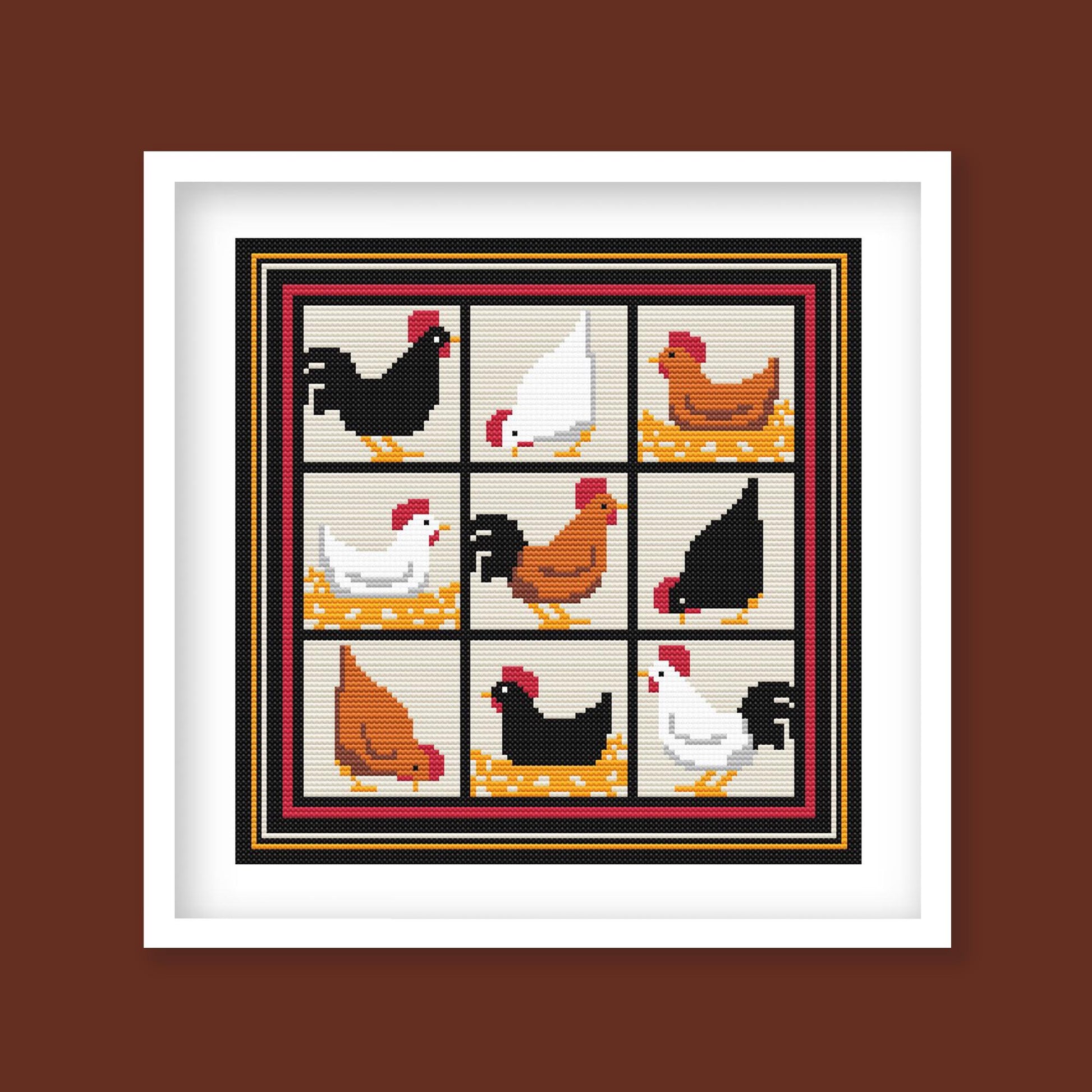 Farmhouse Chicken Cross Stitch Pattern - Charming Hen & Rooster Quilt Block Design - digital cross stitch pattern by Stitch Junction