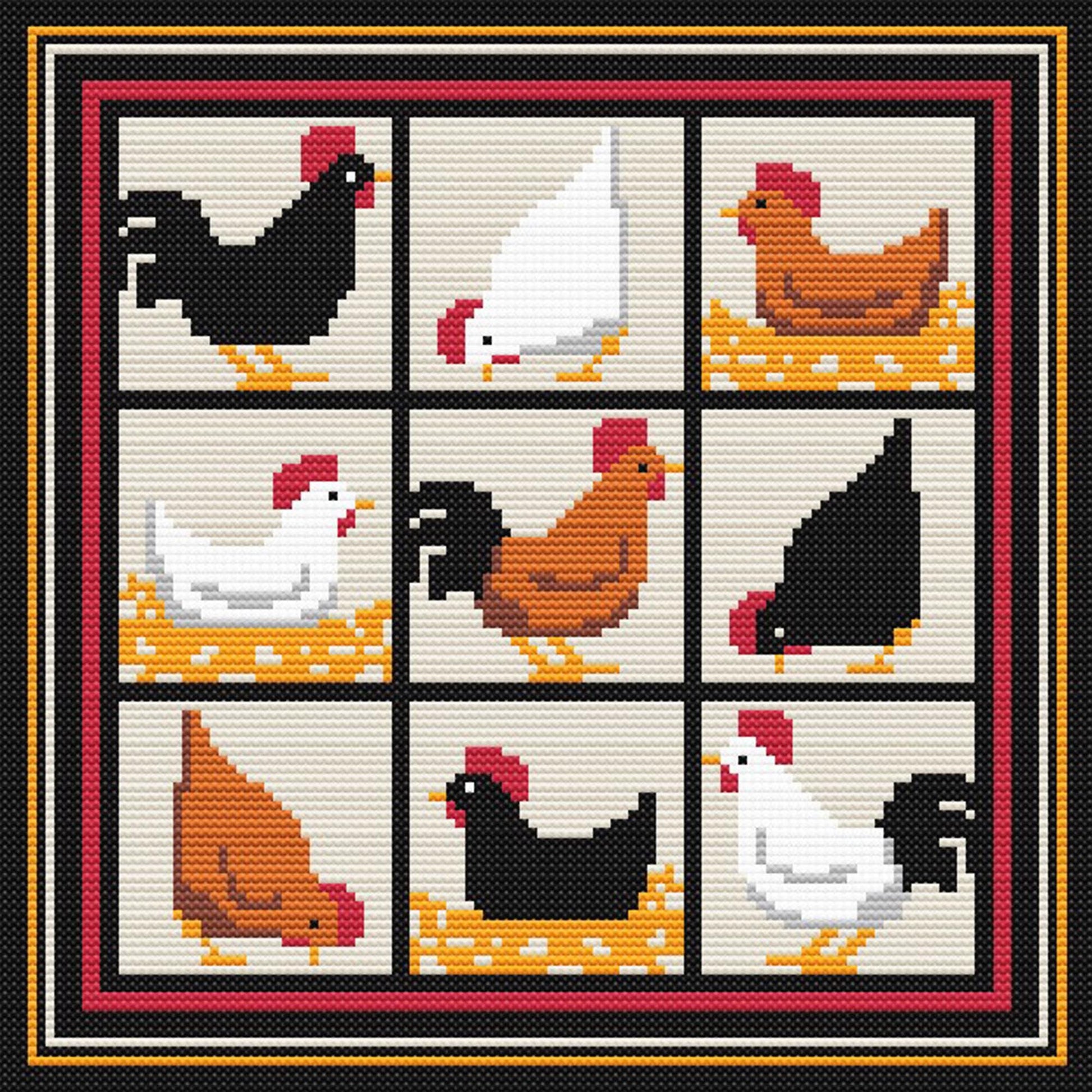 Farmhouse Chicken Cross Stitch Pattern - Charming Hen & Rooster Quilt Block Design - digital cross stitch pattern by Stitch Junction
