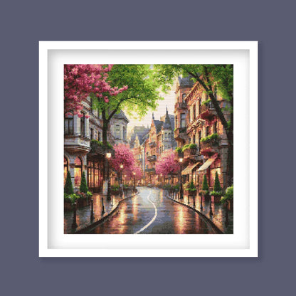 Cityscape Spring Lane Cross Stitch Pattern – Vibrant Pink Trees and Charming Street Scene Embroidery Pattern. Digital PDF Download. - Etsy image 6