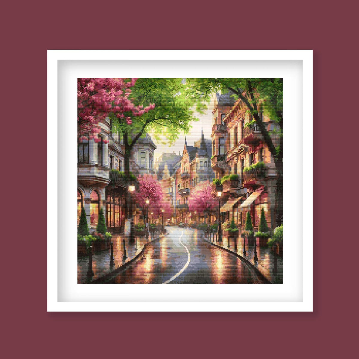 Cityscape Spring Lane Cross Stitch Pattern – Vibrant Pink Trees and Charming Street Scene Embroidery Pattern. Digital PDF Download. - Etsy image 1