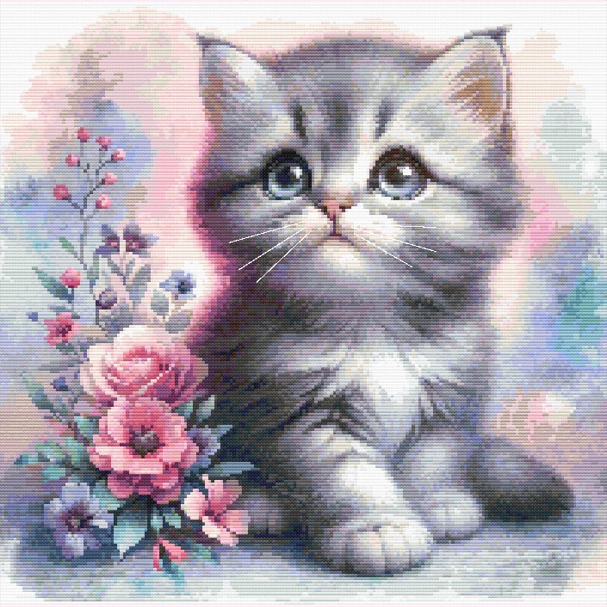 Floral Kitten Cross Stitch Pattern: Watercolor Cat Embroidery - digital cross stitch pattern by Stitch Junction