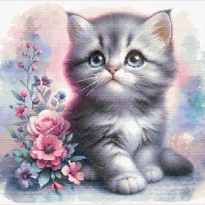 Floral Kitten Cross Stitch Pattern: Watercolor Cat Embroidery - digital cross stitch pattern by Stitch Junction