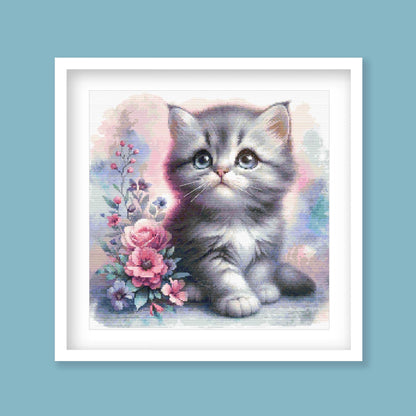 Floral Kitten Cross Stitch Pattern digital PDF cross stitch pattern preview by Stitch Junction