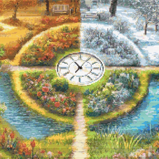 A Stitch in Time Cross Stitch Pattern - Seasonal Garden Landscape, Four Seasons Embroidery - digital cross stitch pattern by Stitch Junction
