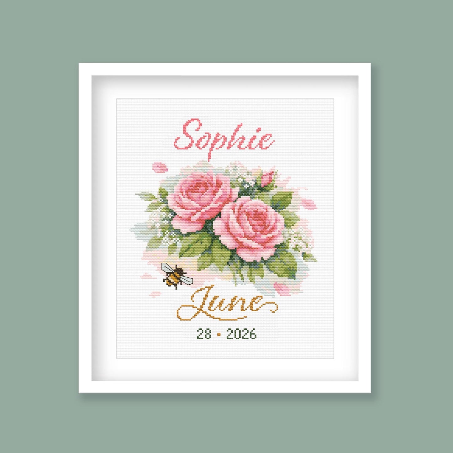 June Birth Flower Cross Stitch Pattern, Roses Birth Record, Custom Name & Date digital PDF cross stitch pattern preview by Stitch Junction