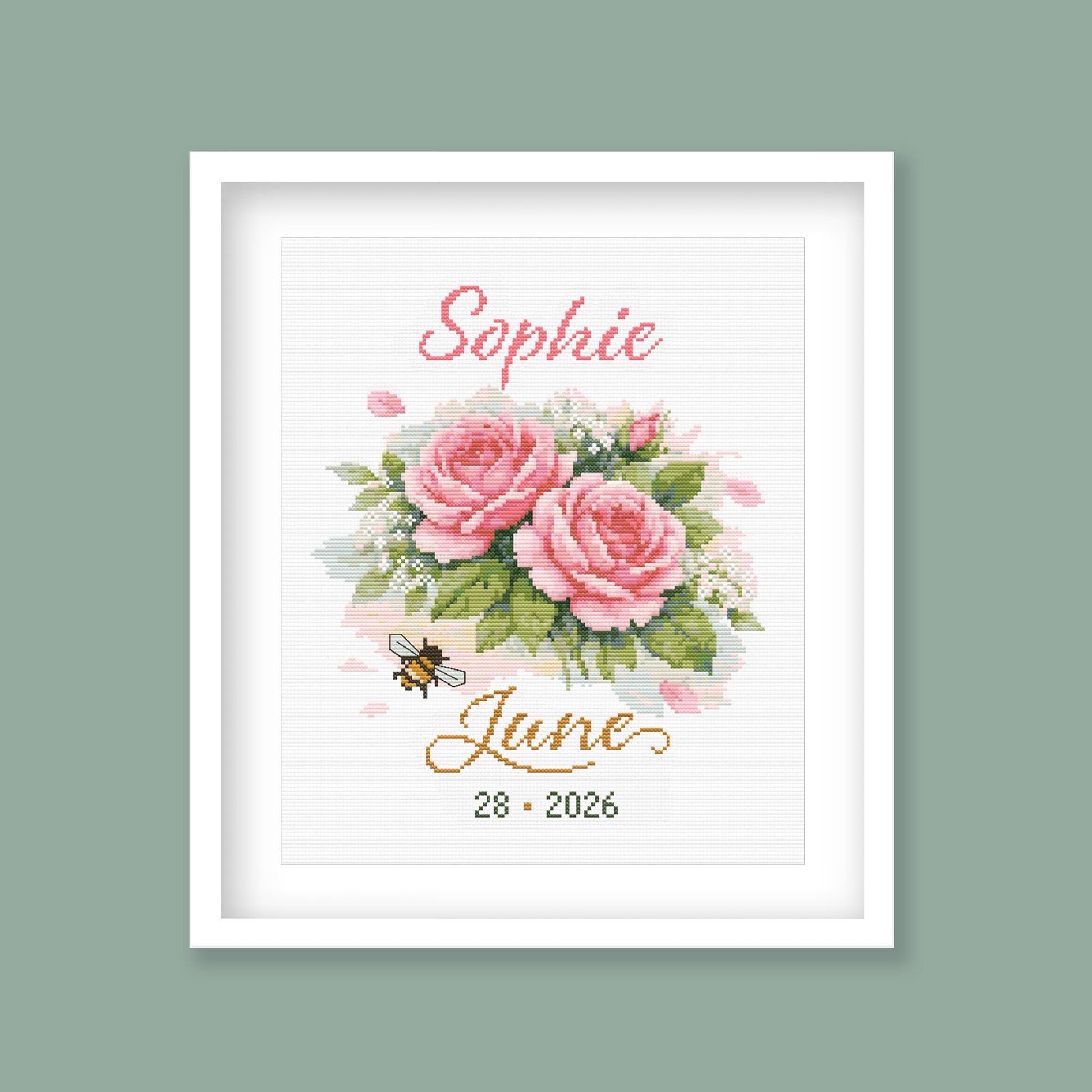 June Birth Flower Cross Stitch Pattern, Roses Birth Record, Custom Name & Date digital PDF cross stitch pattern preview by Stitch Junction